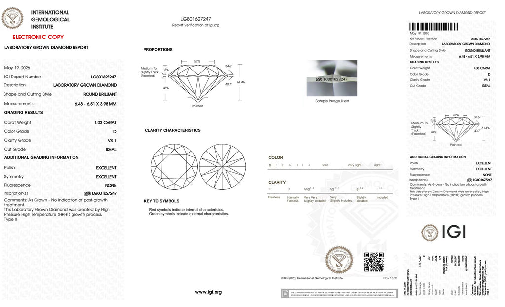 Lab-Grown Diamond – 1.03ct Round Brilliant, D/VS1 (IGI Certified)